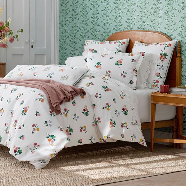 Ditsy Dahlia Classic Cool Cotton Percale Duvet Cover - White Multi, King/Cal. King - Green/Pink, Size California King | The Company Store