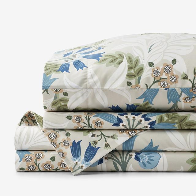 Lilia Floral Premium Smooth Wrinkle-Free Sateen Bed Sheet Set - Beige/Blue/Green, Size Twin | The Company Store