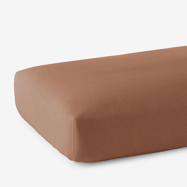 Premium Breathable Washed Linen Solid Fitted Bed Sheet - Terracotta Orange, Size Queen | The Company Store