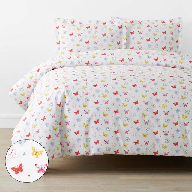 Ditsy Butterflies Classic Cool Organic Cotton Percale Duvet Cover Set - White Multi, Full/Queen - Pink | The Company Store