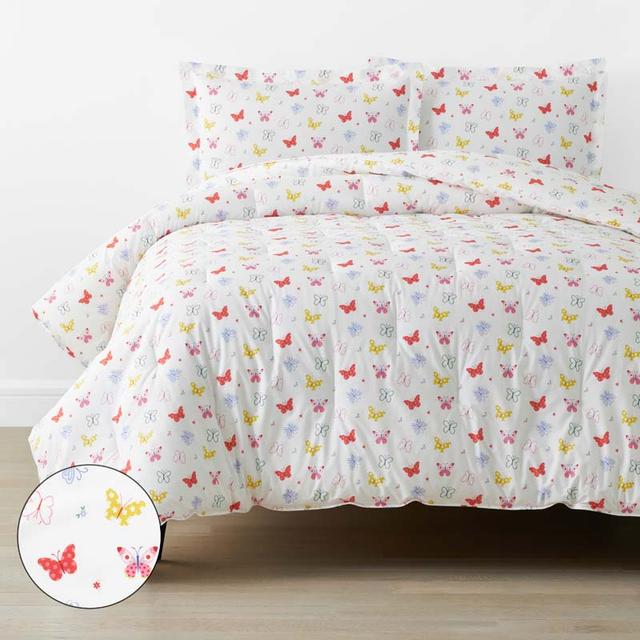 Ditsy Butterflies Classic Cool Organic Cotton Percale Comforter Set - White Multi, Medium Warmth, Full/Queen - Pink | The Company Store