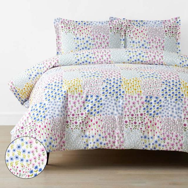 Tiny Blossoms Classic Cool Organic Cotton Percale Duvet Cover Set - White Multi, Full/Queen - Pink/Purple | The Company Store