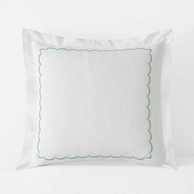 Embroidered Scallop Classic Cool Cotton Percale Sham - Green/White, Size 26 In. x 26 In. | The Company Store