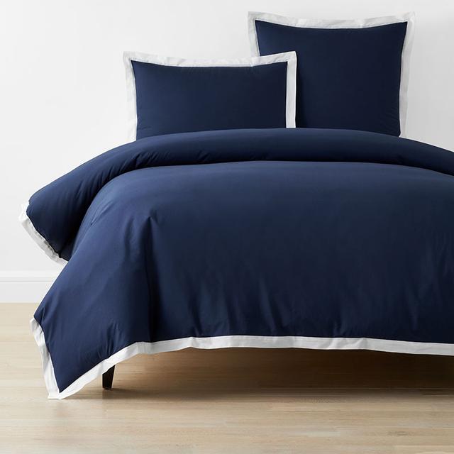 Solid Border Classic Cool Cotton Percale Duvet Cover - Navy, King/Cal. King - Blue, Size California King | The Company Store