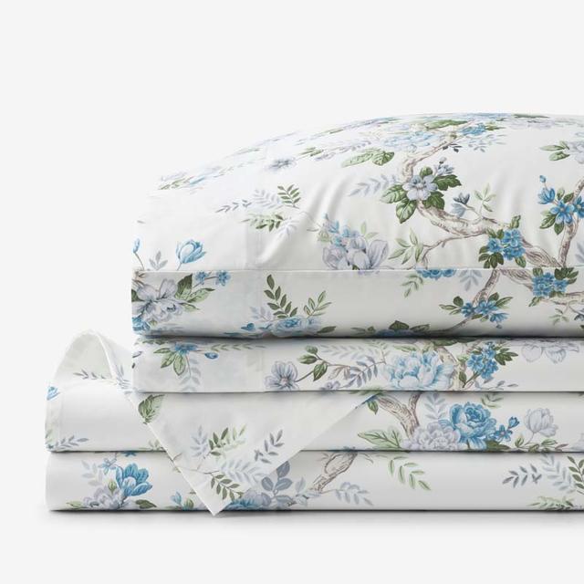 Manor Floral Premium Smooth Sateen Bed Sheet Set - Blue/Ivory, Size King | The Company Store