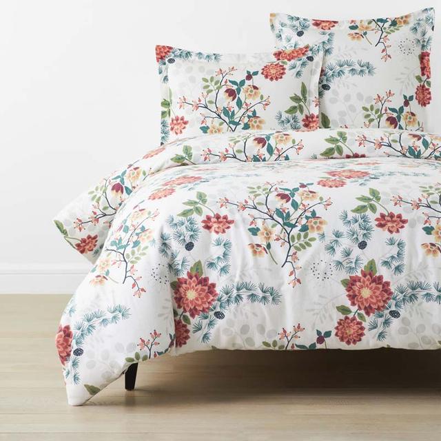 Holiday Print Classic Ultra-Cozy Cotton Velvet Flannel Duvet Cover - Vintage Blooms, Full - Red/Teal/Turquoise Blue | The Company Store