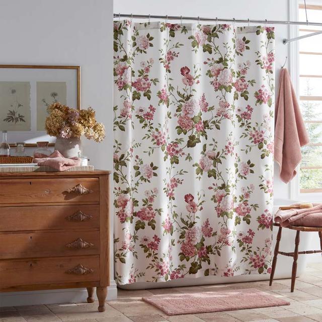 Victorian Bloom Premium Smooth Wrinkle-Free Sateen Shower Curtain - Green/Ivory/Pink, Size 72 x 72 | The Company Store