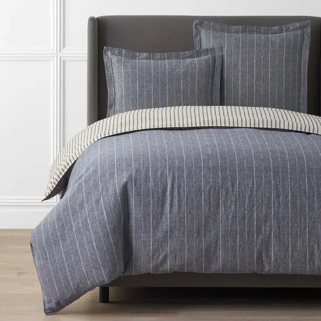 Tailored Stripes Premium Breathable Washed Linen Cotton Reversible Duvet Cover - Wide Stripe Deep Navy, Twin/Twin XL - Beige/Blue | The Company Store