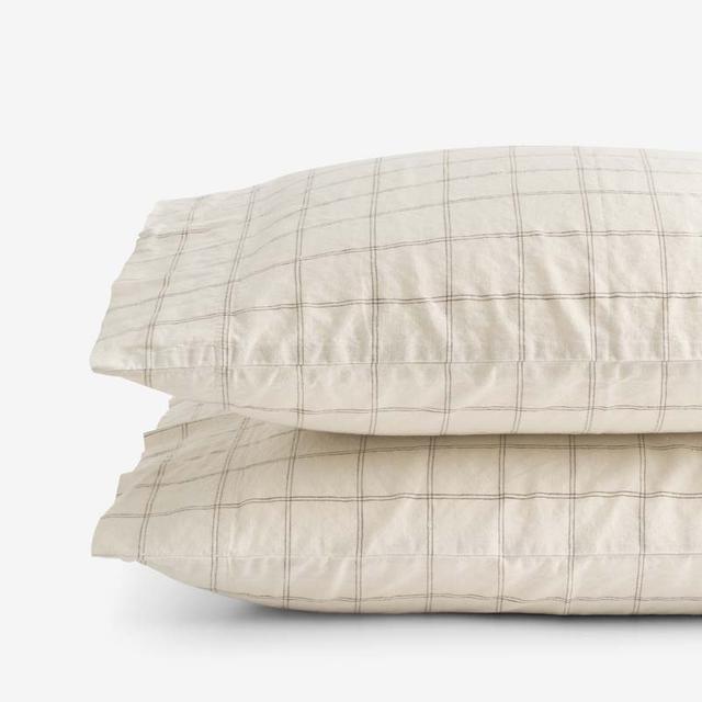 Tailored Stripes and Plaids Premium Breathable Washed Linen Cotton Pillowcase Set - Windowpane Dark Brown, King - Beige/Brown | The Company Store