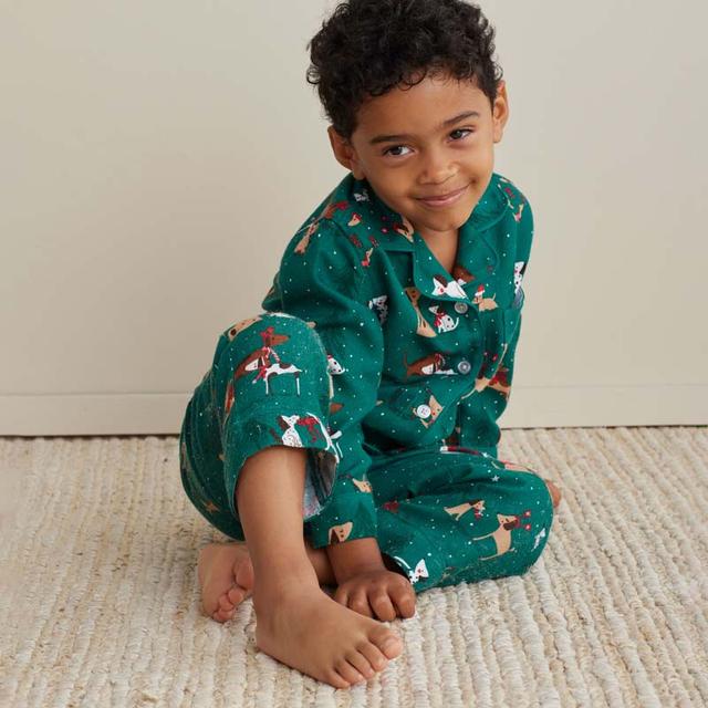 Family Flannel Kid's Button-Down Pajama Set - Holiday Pups, 6/7 - Brown/Green | The Company Store