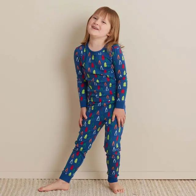 Family Printed Peruvian Cotton Kid's Pajama Set - Holiday Trees, 6/7 - Blue | The Company Store