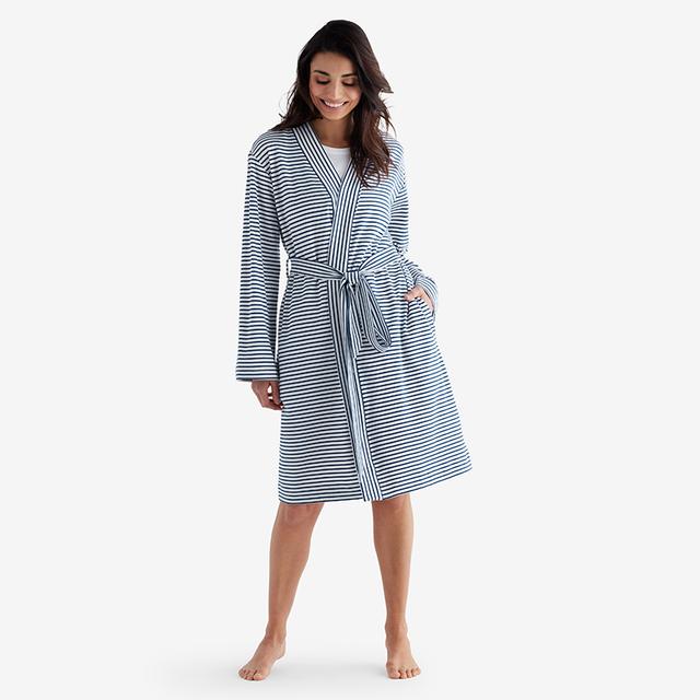 Yarn-Dyed Stripe Pima Cotton Women's Kimono Robe - Blue, Size Small | The Company Store