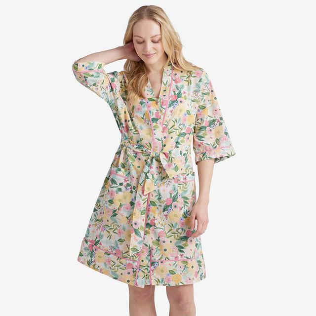 Printed Voile Women's Kimono Robe - Green/Pink/Yellow, Size XS/Small, Cotton, Floral | The Company Store