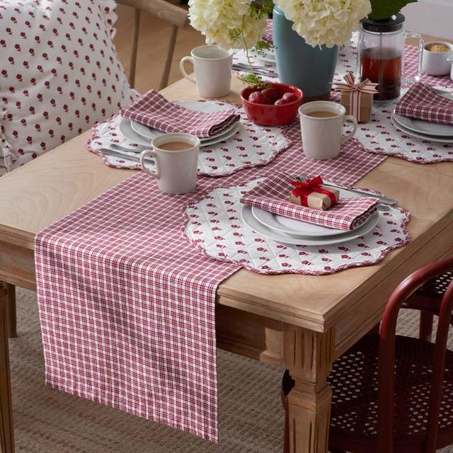 Flowers & Plaid Yarn-Dyed Reversible Table Runner - Red Multi, 16 in. x 108 in. - Red/White, Size 16 x 108, Cotton | The Company Store