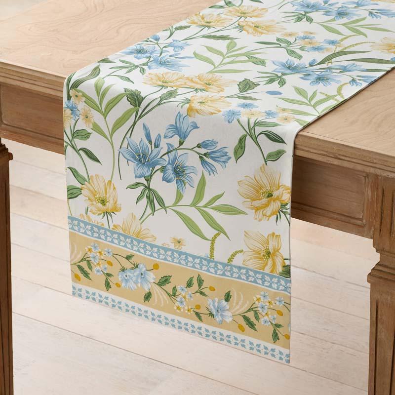 Garden Floral Cotton Table Runner - Gardenia Mist, 16 in. x 90 in. - Green/Yellow, Size 16 x 90 | The Company Store