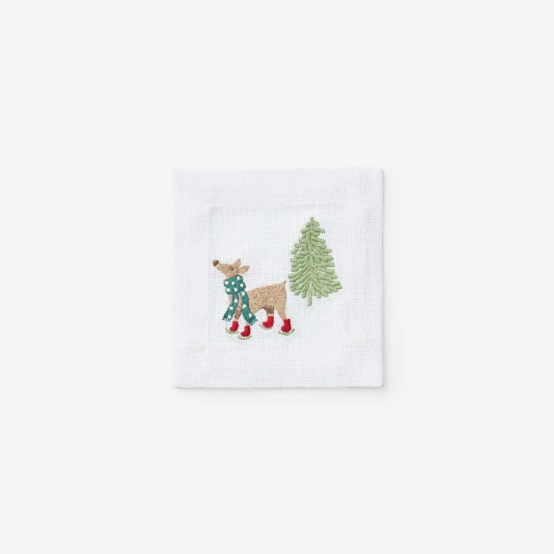 Embroidered Novelty Cocktail Napkins, Set of 4 - Brown/Green/White, Size 5 x 5, Cotton | The Company Store