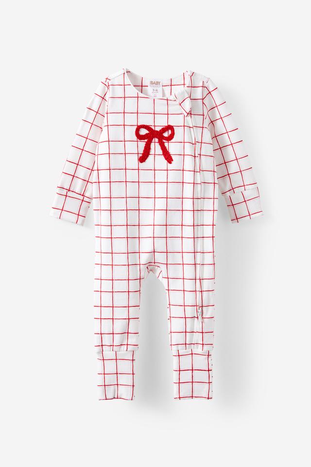 Cotton On Kids - Growie Long Sleeve Zip Romper - Vanilla/varsity red bow check