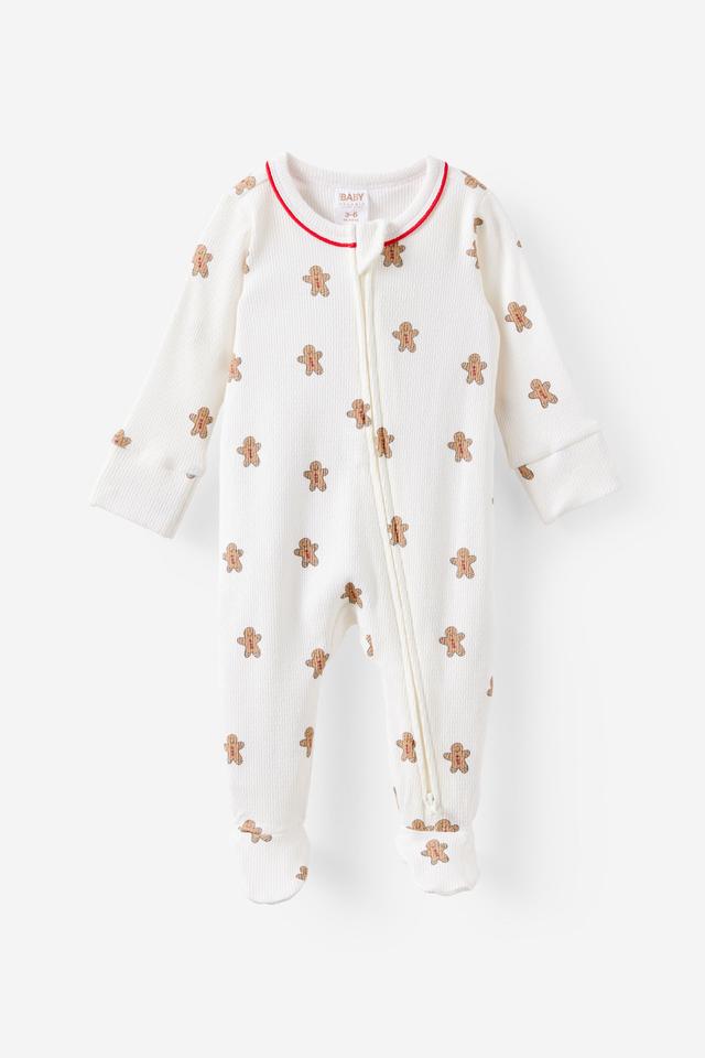 Cotton On Kids - Littlie Organic Long Sleeve Zip Romper - Milk/xmas gingerbread man