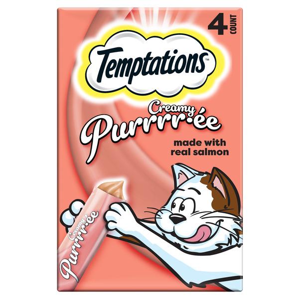 TEMPTATIONS Creamy Puree Squeezable Lickable Wet Cat Treats with Salmon, 0.42 oz. Tubes, Pack of 4 - 0.425 oz