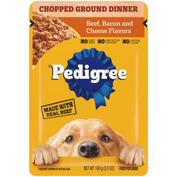 Pedigree Chopped Ground Dinner Adult Soft Wet Dog Food, Beef, Bacon & Cheese Flavors, (16) 3.5 oz. Pouches - 3.5 oz