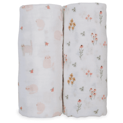 Lulujo Cotton Muslin Swaddles Kitty Cat and Flower Field