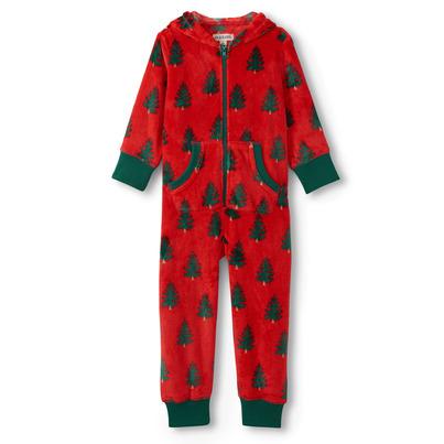 Hatley Little Blue House Adult Hooded Fleece Jumpsuit Trees On Red