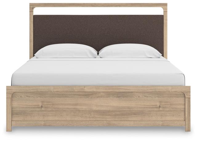Prandefort Tan and Brown King Upholstered Platform Bed with LED