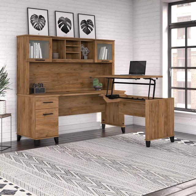 Somerset Fresh Walnut 3 Position Sit to Stand 72" L Shaped Home Office Set with Hutch