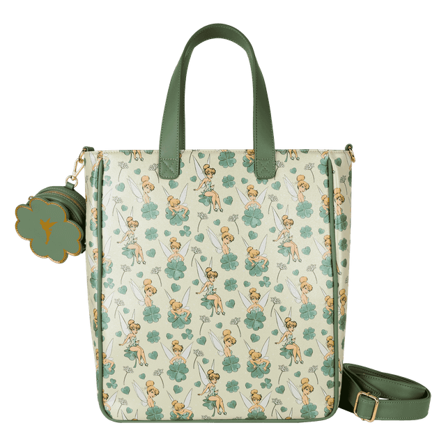 Peter Pan Tinker Bell Clover All-Over Print Tote Crossbody Bag With Coin Bag | Officially Licensed | Plastic/Vegan Leather | Loungefly