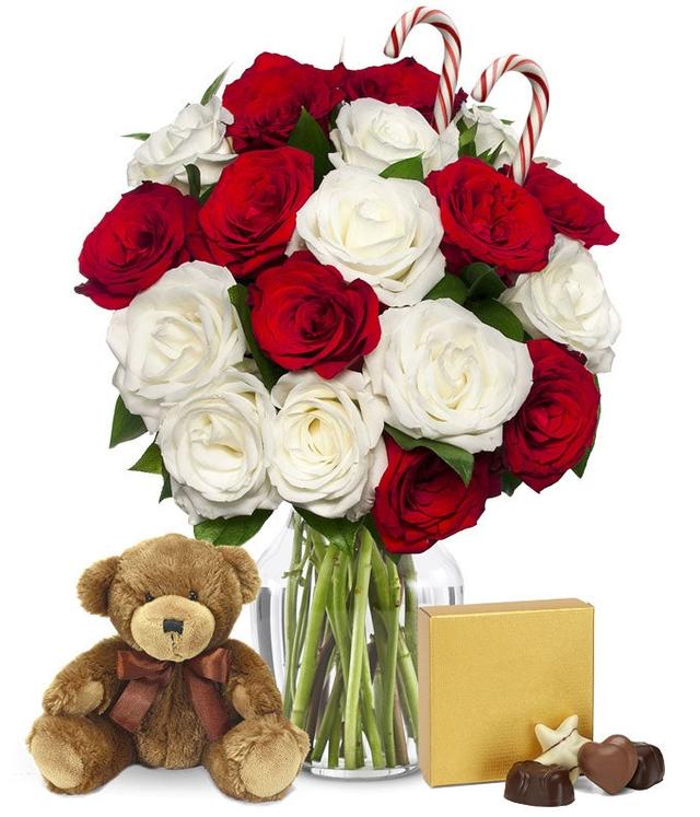 18 Candy Cane Roses with Chocolates and Bear