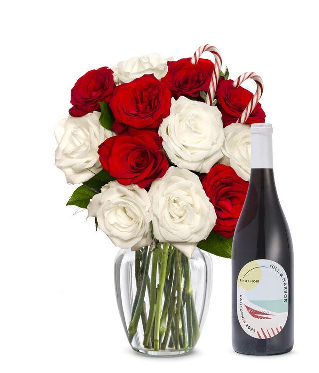 Sweet Candy Cane Rose Bouquet with Red Wine