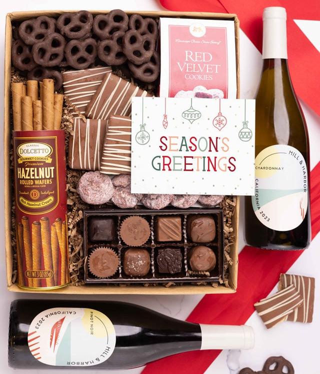 Season's Greetings Sweet Treats Chocolate Gift Box with Red & White Wine