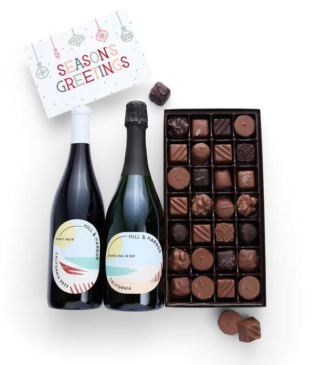 Season's Greetings Gourmet Chocolates with Red & Sparkling Wine