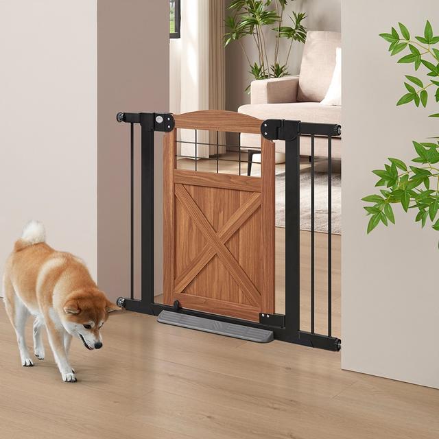 beeNbkks Wood & Steel Farmhouse Pet Gate, Walnut & Black