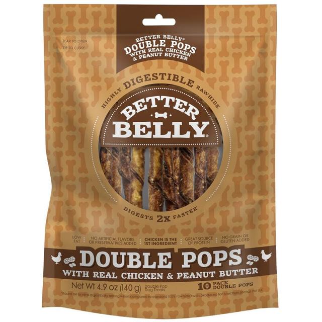 Better Belly Double Pops with Real Chicken & Peanut Butter Highly Digestible Rawhide Dog Treat Chews, 10 count