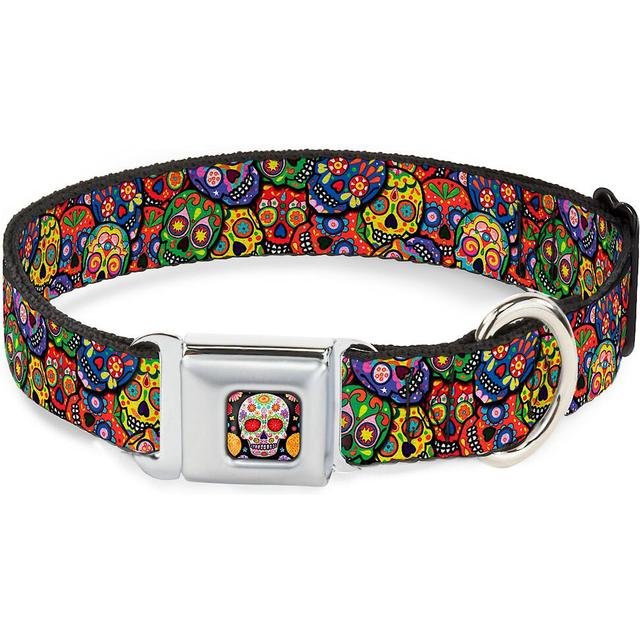 Buckle-Down Sugar Skull Starburst Polyester Dog Collar, Medium Wide: 16 to 23-in neck, 1.5-in wide