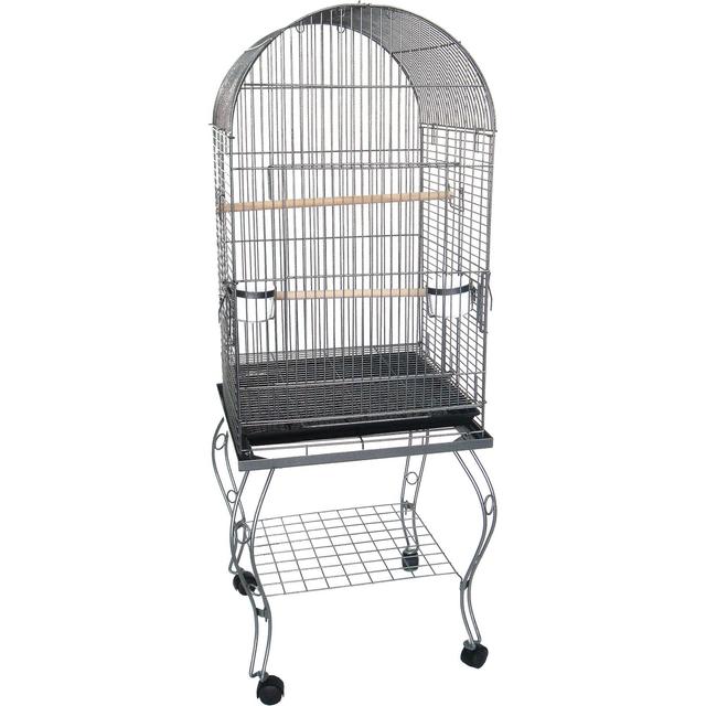 YML Round Top Bird Cage with Wheeled Stand, Silver