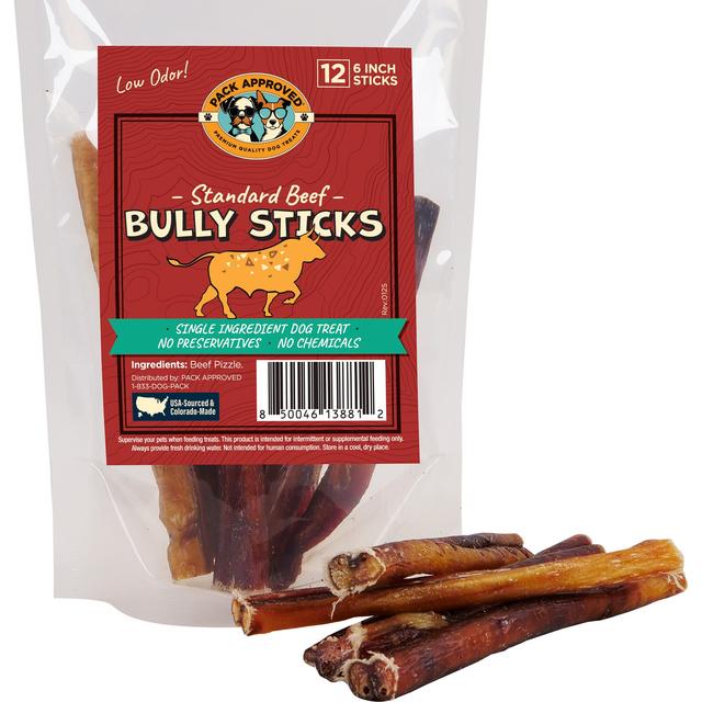 Pack Approved Standard Beef Bully Sticks Natural Dog Chews, 6-in, 12 count