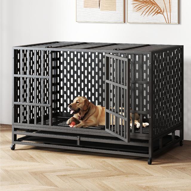 Xbrigh HIWOKK Heavy Duty Indestructible Steel Escape Proof Dog Crate, Black, Large