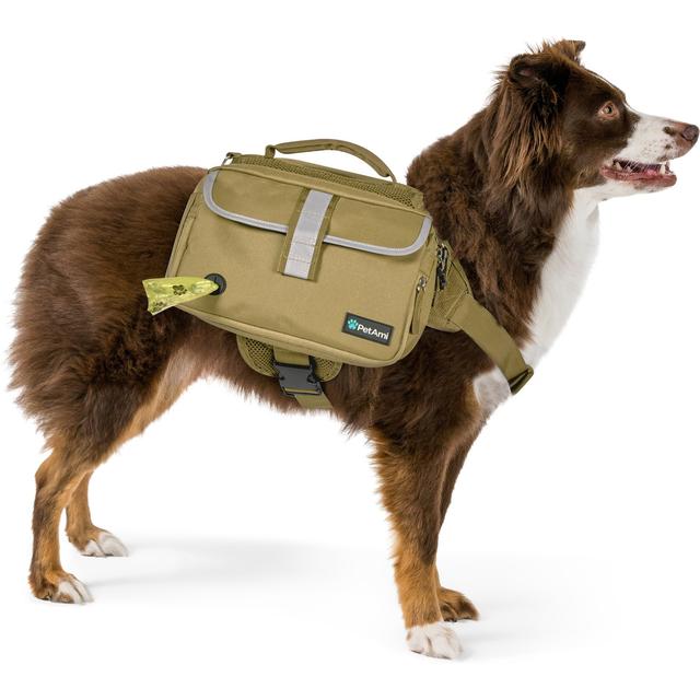PetAmi Saddle Dog & Cat Backpack with Reflective Safety Side Pockets, Medium, Tan Canvas