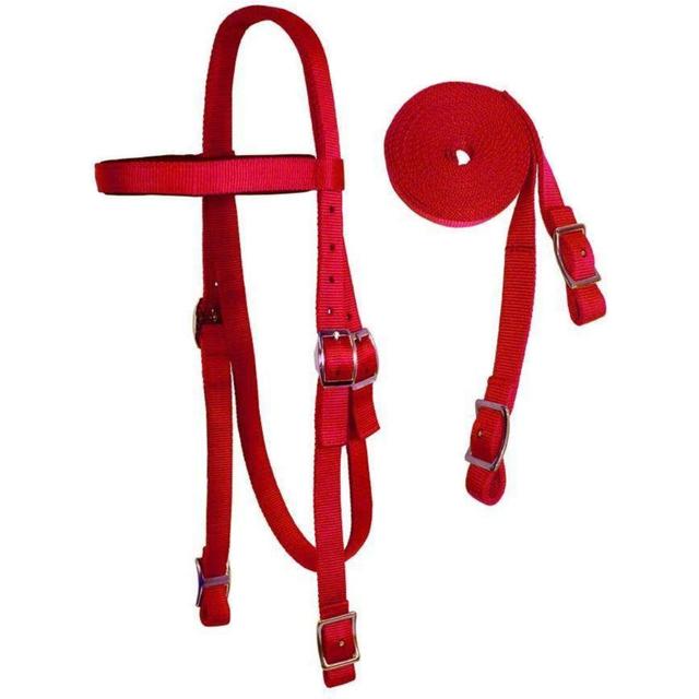 Tahoe Tack Double Layer Nylon Padded Headstall with Split Reins, Red, Full Horse Large