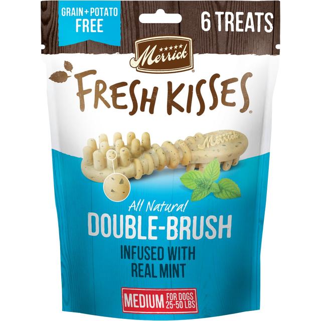 Merrick Fresh Kisses Double-Brush Mint Breath Strip Infused Medium Dental Dog Treats, 6 count
