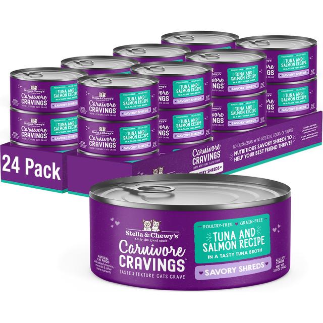 Stella & Chewy's Savory Shreds Tuna & Salmon Flavored Shredded Wet Cat Food, 2.8-oz can, case of 24