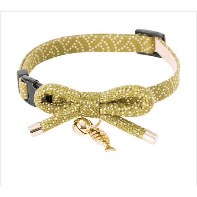 Necoichi Zen Gold Fish Charm Cotton Breakaway Cat Collar with Bell, Green, 8.2 to 13.7-in neck, 2/5-in wide