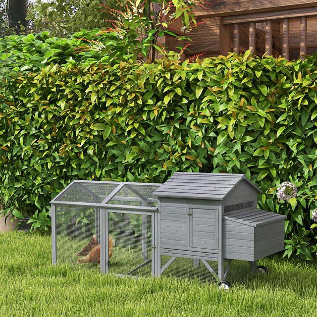 PawHut Outdoor Back Yard Portable Cage House Wooden with Wheels & Nesting Box Chicken Coop, Gray
