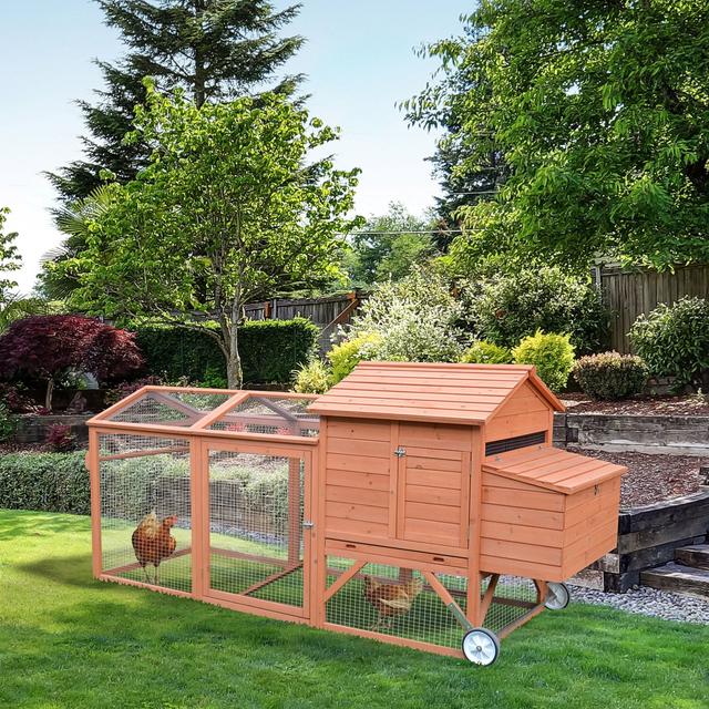 PawHut Outdoor Back Yard Portable Cage House Wooden with Wheels & Nesting Box Chicken Coop, Natural Wood