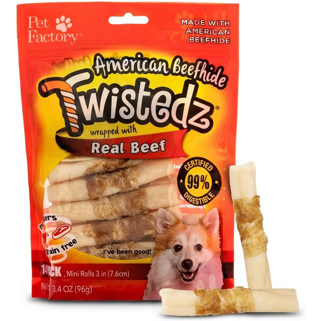 Pet Factory Twistedz 3 to 3.5-inch Beefhide Mini Rolls Beef Flavored Dog Hard Chews, 14 count