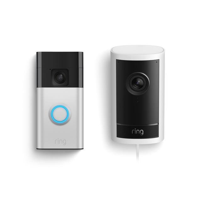 Ring Outdoor Cam Pro, Plug-In + Battery Doorbell in Satin Nickel / White