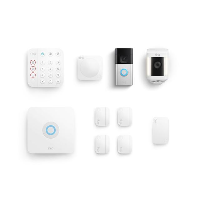 Ring Whole Home Enhanced Kit (Battery Doorbell Plus + Spotlight Cam Plus Battery + Alarm Security Kit, 8-Piece) in White