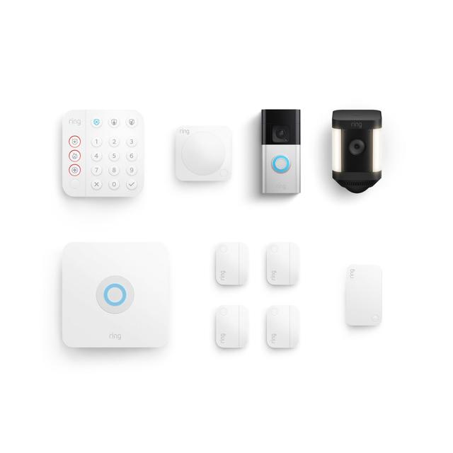 Ring Whole Home Enhanced Kit (Battery Doorbell Plus + Spotlight Cam Plus Battery + Alarm Security Kit, 8-Piece) in Black